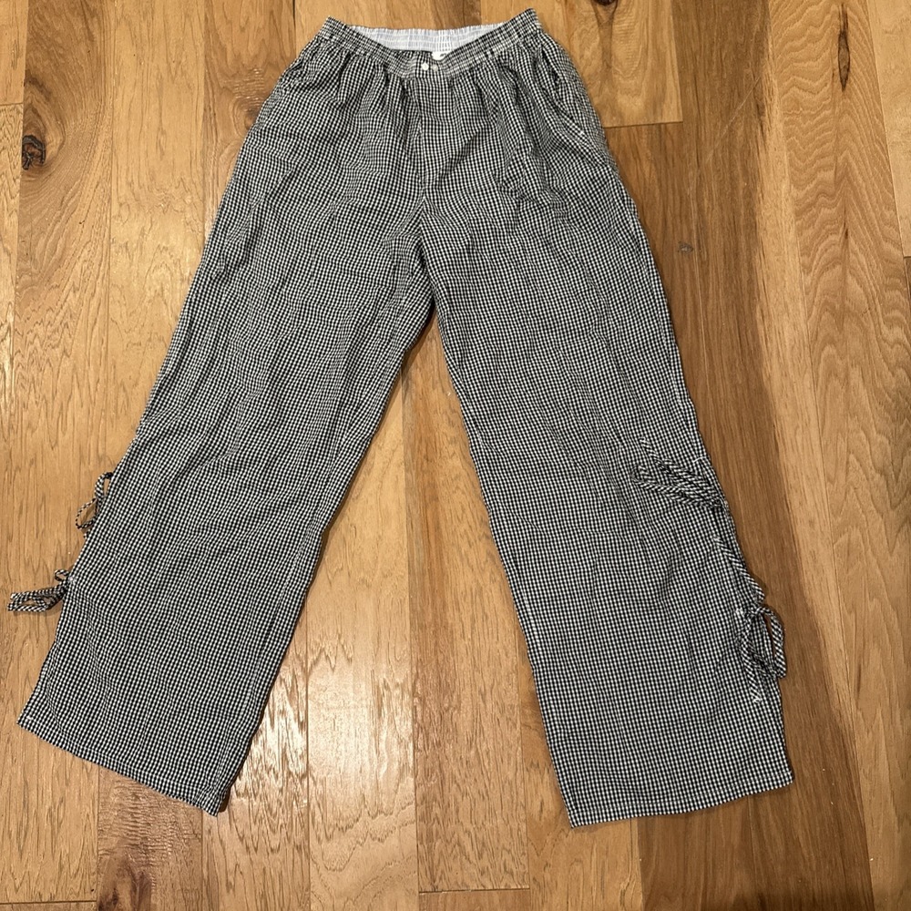 Aerie Womens Black White Gingham Cotton Lounge Pants Flared Side Tie XS 7699